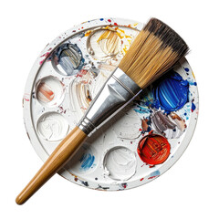 A paintbrush lies atop a palette of vibrant paints