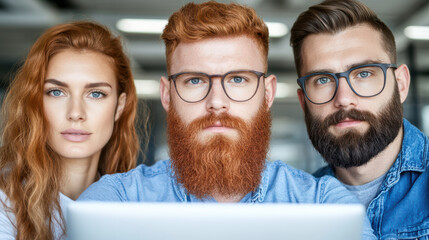 Ecommerce team meeting around laptop discussing strategy with focused young professionals