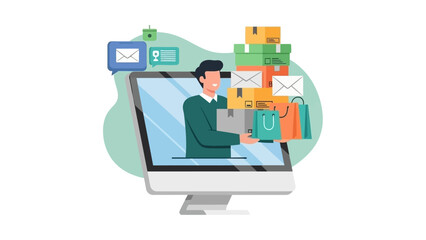 Man delivering online orders from computer screen for e-commerce business