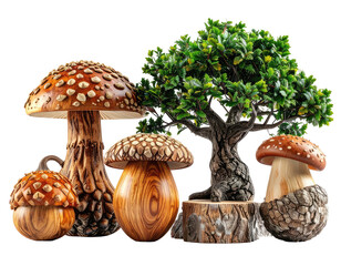 Fantasy forest scene giant mushrooms and tiny tree on a dark background