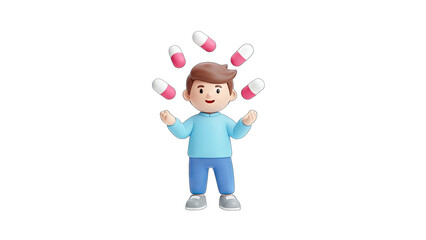 Cartoon Boy Juggling Pills - Healthcare Concept