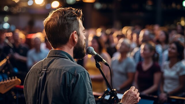 Male musician performing on stage with microphone in front of a blurred audience at a lively concert venue with warm lighting