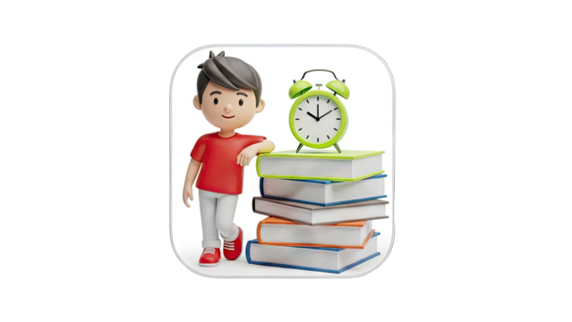 Cartoon Boy Leaning on Books with Alarm Clock - Education Concept - Powered by Adobe
