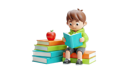 Cartoon Boy Reading Book on Stack of Books - Education Concept