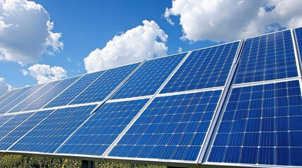 Solar panel array on hillside under blue sky with clouds