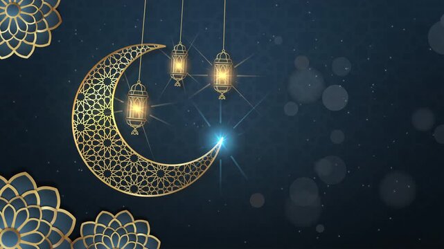 Blue and gold color Eid mubarak islamic animation with hanging ramadan candle lantern. Ramadan kareem animation with golden islamic decor, crescent moon lanterns, and flowers.