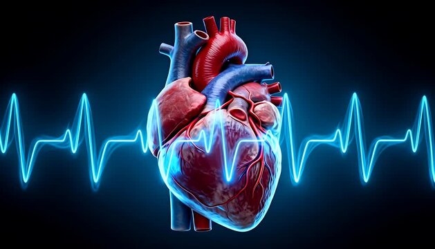 Animated human heart model pumping with ekg rhythm line, medical health and cardiology concept, anatomy,.