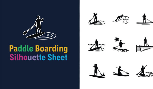 Silhouette sheet of paddle boarding activities and water sport poses