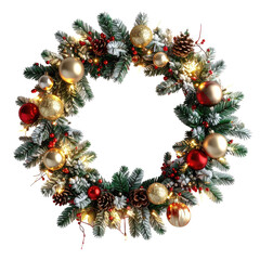 Festive Christmas wreath with ornaments, pine cones, and lights