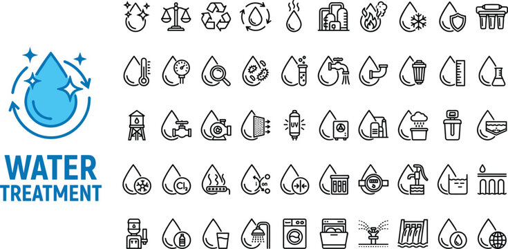 Water treatment line icons illustrating purification, filtration, sanitation, clean water process, industrial systems, environmental safety, chemical testing, wastewater management