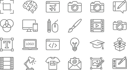Fototapeta premium Creative design and multimedia line icon set featuring photography video coding branding tools education technology content creation workflow concepts