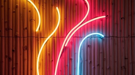 Neon tubes on bamboo wall light glowing