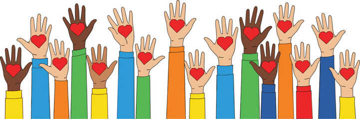 Colorful raised hands with red heart symbols representing love, unity, diversity, volunteer support, charity, helping community and social care concept illustration