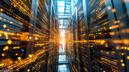 Data center corridor illuminated by golden data streams and blue light, futuristic atmosphere