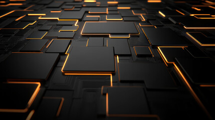 Obraz premium Black circuit board with glowing orange edge lines, futuristic electronic grid, sleek modern