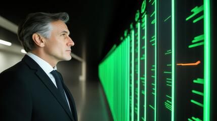 Mature professional observing futuristic server racks with focused expression and calm