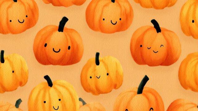 watercolor illustration of seamless pattern with smiling pumpkins, pastel orange background, cute halloween style