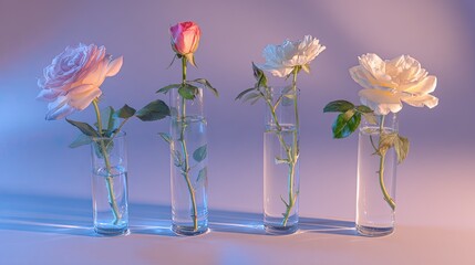 Four roses displaying varied bloom stages stand upright in slender glass cylinders filled with clear water.