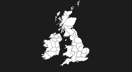 A clean white political map of the United Kingdom with county borders outlined, set against a solid dark gray background.