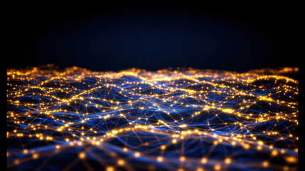 Digital network landscape glowing with interconnected golden nodes and blue lines, abstract data