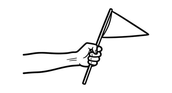 A simple black and white line drawing of a hand holding a small, blank triangular flag, symbolizing victory or a message.