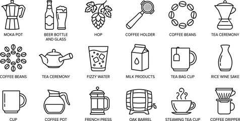 Coffee and tea line icons set for beverage brewing moka pot beans french press dripper beer milk sake ceremony