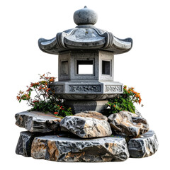 Stone lantern atop rocks with greenery, Asian garden aesthetic