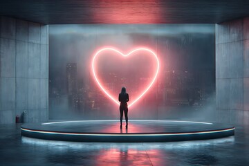 Woman Silhouette in Front of Neon Heart Display in Modern Urban Space at Night