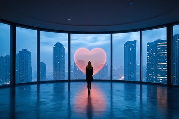 Woman Standing in Modern Room with Heart Shape Window Overlooking City Skyline at Dusk