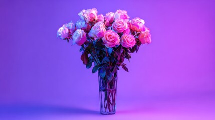 Vibrant bouquet of pale pink roses sits within a clear glass vase against a deeply illuminated violet background