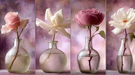 Four delicate blossoms arranged individually in clear glass vases against a soft background