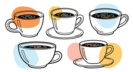 Obraz premium Set of five hand-drawn coffee cups in a doodle sketch style with colorful abstract shapes, perfect for cafe or menu designs.