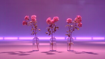 Three delicate pink roses stand in simple glass bottles against a vibrant purple and magenta backdrop