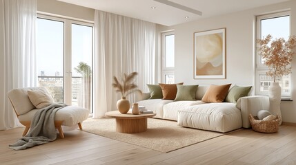 Residential interior design, modern living room furniture, home real estate concept with sofa, armchair, table, and decorative elements. Contemporary apartment styling, property marketing, housing 