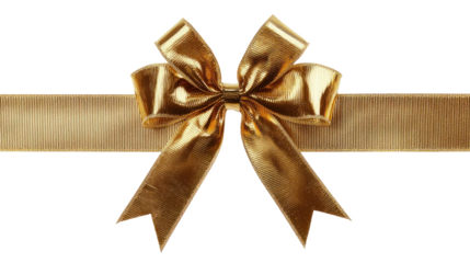 A gold ribbon with a decorative bow on a white background.