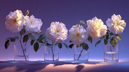 Five delicate white roses stand illuminated in clear glass vases against a soft violet backdrop