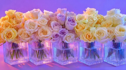 Multiple arrangements of pale yellow and lilac roses displayed in square glass vases under vibrant lighting.