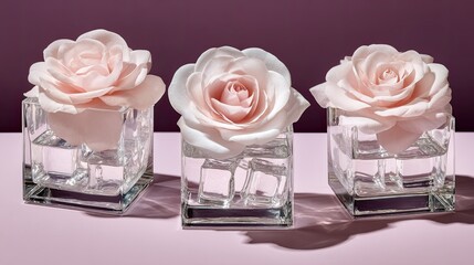 Three pale pink roses float atop clear glass containers filled with water and ice cubes