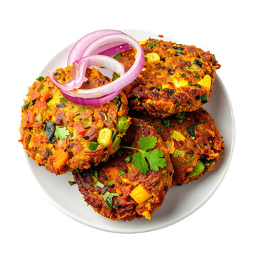 Spiced potato and pea vegetable cutlet coated in breadcrumbs, pan-fried to perfection and isolated on a pure white background