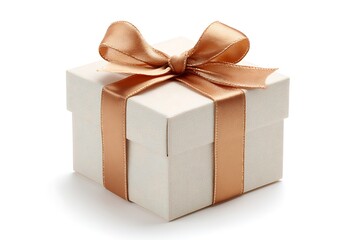 Obraz premium Elegant white gift box with shiny golden ribbon and bow on a white background, perfect for Christmas, birthday, or anniversary present.