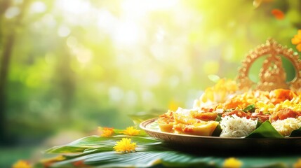 culturally rich Niramish Thali with authentic Maharashtrian, Karnataka, and South Indian festive dishes, featuring neatly arranged food items on a banana leaf, on blurred background