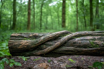 Twisted Tree Log in Serene Forest with Lush Green Foliage and Soft Natural Light