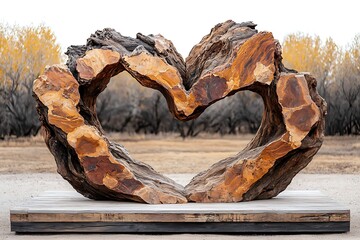 Heart-Shaped Wooden Sculpture in Natural Setting with Autumn Trees in Background