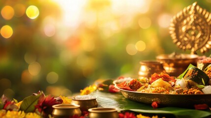 A vibrant and culturally rich Niramish Thali with authentic Maharashtrian, Karnataka on blurred background
