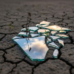 Broken Glass Pieces on Cracked Dry Soil with Small Green Plants in Sunlight