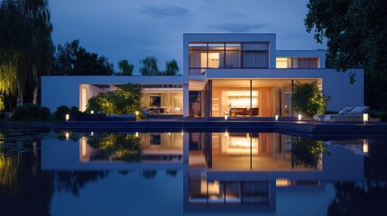 Fototapeta premium A stunning modern luxury home illuminated at twilight reflecting gracefully upon tranquil waters offering serene upscale living