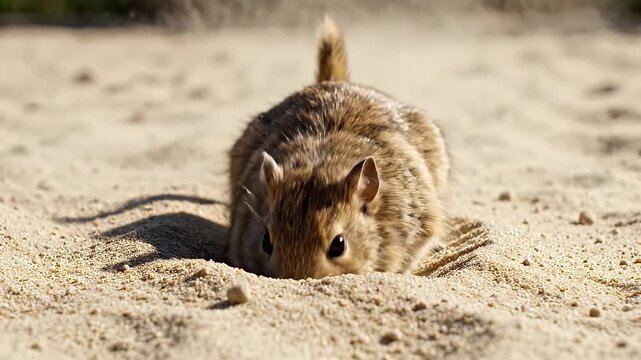 A small gerbil digging vigorously and kicking sand