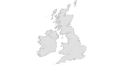 Dotted map of the United Kingdom and Ireland, creating a modern digital or technological representation of the country's geography.