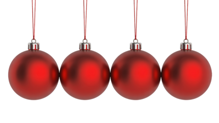 Vibrant red Christmas ornaments hanging on red strings