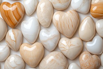Collection of Polished Stone Hearts in Various Shades of Cream and Beige for Decoration
